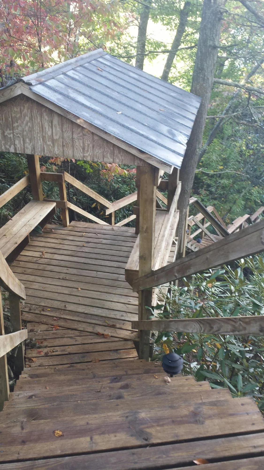 Metal roofed shelter over wooden steps on a wooded walkway — Skylight Repair & Installation work by our crew in Laceyville